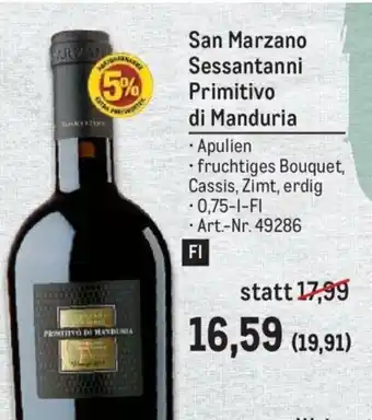 Metro San Marzano Sessantanni Primitivo di Manduria Angebot