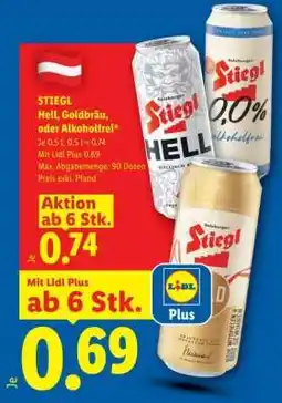 Lidl Stiegl Hell, Goldbräu, oder Alkoholfrei Angebot