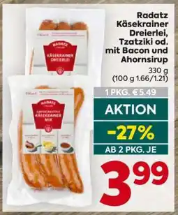 Billa Radatz Käsekrainer Dreierlei, Tzatziki od. mit Bacon und Ahornsirup Angebot