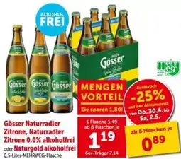 Interspar Gösser naturradler zitrone, naturradler zitrone 0,0% alkoholfrei oder naturgold alkoholfrei Angebot