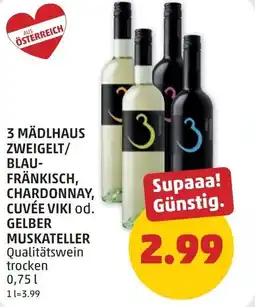 PENNY 3 mädlhaus zweigelt/ blau- fränkisch, chardonnay, cuvée viki od. gelber muskateller Angebot