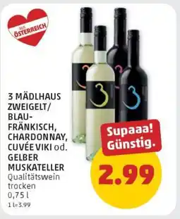 PENNY 3 MÄDLHAUS ZWEIGELT/BLAUFRÄNKISCH, CHARDONNAY, CUVÉE VIKI od. GELBER MUSKATELLER Angebot
