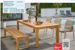 Bauhaus Beispiel-Kombi 2: Diningtisch 'Laura' mit 3x Stapelsessel, 3x Auflage 'Solo' und Bank 'Laura' Angebot
