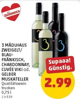 PENNY 3 mädlhaus zweigelt/ blau- fränkisch, chardonnay, cuvée viki od. gelber muskateller Angebot