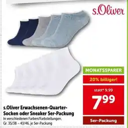 Interspar s.Oliver Erwachsenen-Quarter-Socken oder Sneaker 5er-Packung Angebot