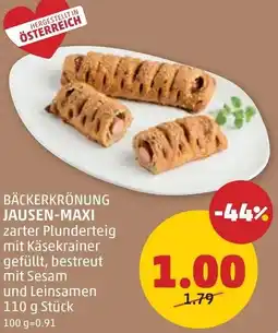 PENNY Bäckerkrönung jausen-maxi zarter plunderteig mit käsekrainer gefüllt, bestreut mit sesam und leinsamen Angebot