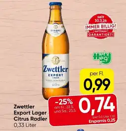 Spar Zwettler export lager citrus radler Angebot