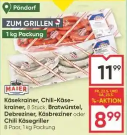 Maximarkt Käsekrainer, chili-käse- krainer, 8 stück, bratwürstel, debreziner, käsbreziner oder chili käsegriller Angebot
