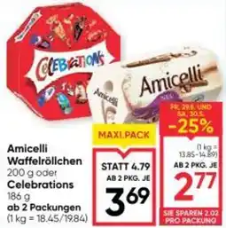 Maximarkt Amicelli Waffelröllchen oder Celebrations Angebot