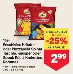 MPreis 11er Frischkäse Kräuter oder Mozzarella Spinat Täschle, Knusper oder Speck Rösti, Kroketten, Pommes Angebot