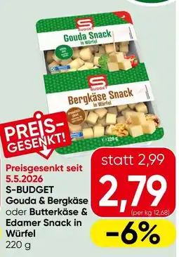 Spar S-budget gouda & bergkäse oder butterkäse & edamer snack in würfel Angebot