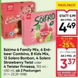 Maximarkt Eskimo 6 Family Mix, 6 Erd- beer Combino, 8 Kids Mix, 12 Solero Bonbon, 4 Solero Strawberry Twist oder 4 Twister Frrreeze Angebot