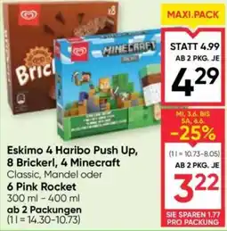 Maximarkt Eskimo 4 Haribo Push Up, 8 Brickerl, 4 Minecraft Classic, Mandel oder 6 Pink Rocket Angebot
