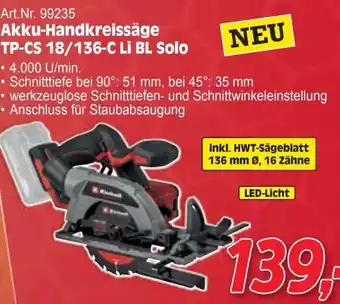Zgonc Akku-Handkreissäge TP-CS 18/136-C Li BL Solo Angebot