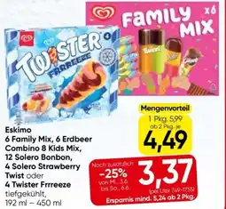 Eurospar Eskimo 6 family mix, 6 erdbeer combino 8 kids mix, 12 solero bonbon, 4 solero strawberry twist oder 4 twister frrreeze Angebot