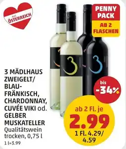 PENNY 3 mädlhaus zweigelt/ blau- fränkisch, chardonnay, cuvée viki od. gelber muskateller Angebot