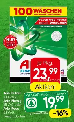 Spar Ariel Pulver 100 WG, Ariel Flüssig 111 WG oder Ariel Pods 82 WG, Angebot