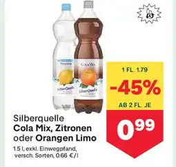 MPreis Silberquelle Cola Mix, Zitronen oder Orangen Limo Angebot