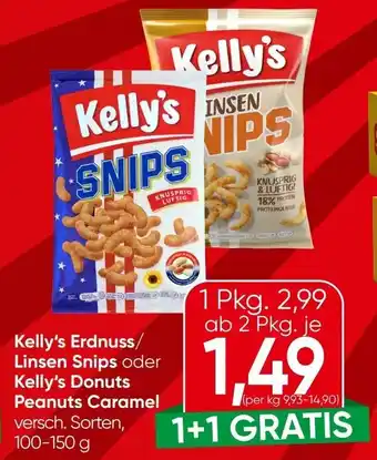 Kelly's Erdnuss/ Linsen Snips oder Kelly's Donuts Peanuts Caramel