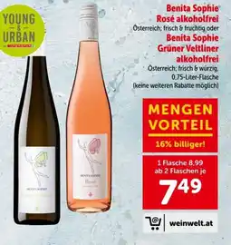 Interspar Benita Sophie Rosé alkoholfrei Österreich; frisch & fruchtig oder Benita Sophie Grüner Veltliner alkoholfrei Angebot