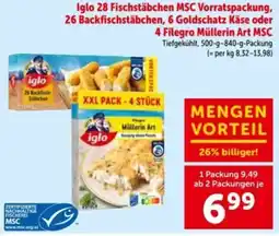 Interspar Iglo 28 fischstäbchen msc vorratspackung, 26 backfischstäbchen, 6 goldschatz käse oder 4 filegro müllerin art msc Angebot