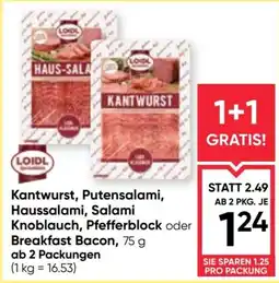 Maximarkt Kantwurst, Putensalami, Haussalami, Salami Knoblauch, Pfefferblock oder Breakfast Bacon, Angebot