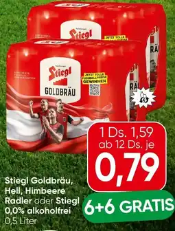 Spar Stiegl Goldbräu, Hell, Himbeere Radler oder Stiegl 0,0% alkoholfrei Angebot