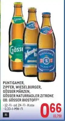 Metro PUNTIGAMER, ZIPFER, WIESELBURGER, GÖSSER MÄRZEN, GÖSSER NATURRADLER ZITRONE OD. GÖSSER BIOSTOFF Angebot