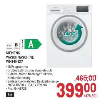 Metro SIEMENS WASCHMASCHINE WM14N127 Angebot