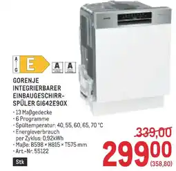 Metro Gorenje integrierbarer einbaugeschirr- spüler gi642e90x Angebot
