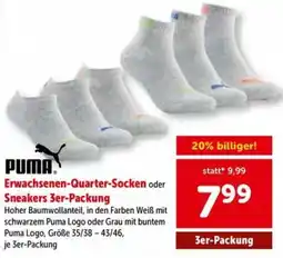 Interspar PUMA Erwachsenen-Quarter-Socken oder Sneakers 3er-Packung Angebot