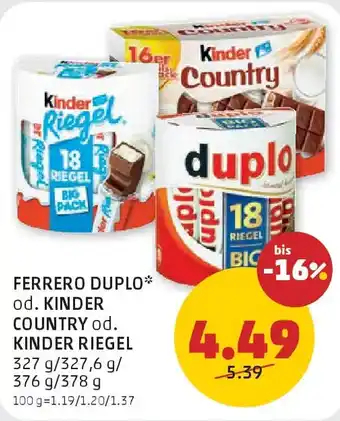 PENNY Ferrero duplo od. kinder country od. kinder riegel Angebot