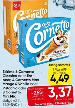 Spar Eskimo 6 cornetto classico oder erd- beer, 4 cornetto max mango & vanilla oder pistachio oder 8 cornetto mini mix Angebot