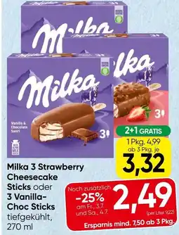 Spar Milka 3 Strawberry Cheesecake Sticks oder 3 Vanilla- Choc Sticks Angebot