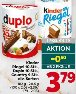 Billa Kinder Riegel 10 Stk., Duplo 10 Stk., Country 9 Stk. div. sorten Angebot