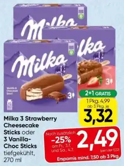 Eurospar Milka 3 strawberry cheesecake sticks oder 3 vanilla- choc sticks Angebot