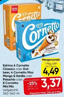 Eurospar Eskimo 6 Cornetto Classico oder Erd- beer, 4 Cornetto Max Mango & Vanilla oder Pistachio 8 cornetto mini mix Angebot