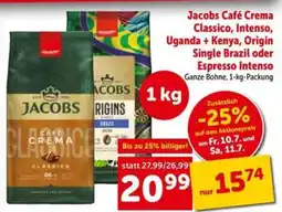 Interspar Jacobs café crema classico, intenso, uganda + kenya, origin single brazil oder espresso intenso Angebot