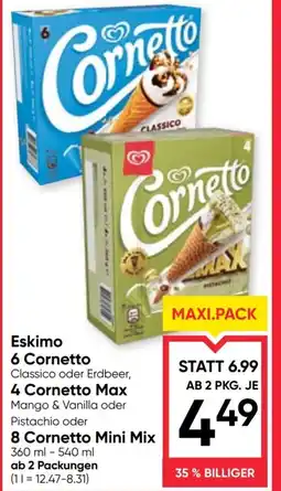Maximarkt Eskimo 6 cornetto classico oder erdbeer, 4 cornetto max mango & vanilla oder pistachio oder 8 cornetto mini mix Angebot