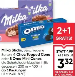 Maximarkt Milka Sticks4 Choc Topped Cone oder 8 Oreo Mini Cones Angebot
