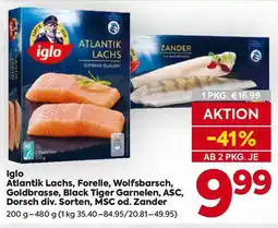 Billa Iglo Atlantik Lachs, Forelle, Wolfsbarsch, Goldbrasse, Black Tiger Garnelen, ASC, Dorsch Angebot
