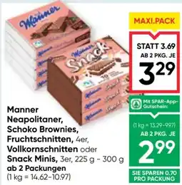 Maximarkt Manner Neapolitaner, Schoko Brownies, Fruchtschnitten, Vollkorn schnitten oder Snack Minis Angebot