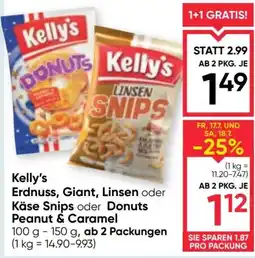 Maximarkt Kelly's Erdnuss, Giant, Linsen oder Käse Snips oder Donuts Angebot