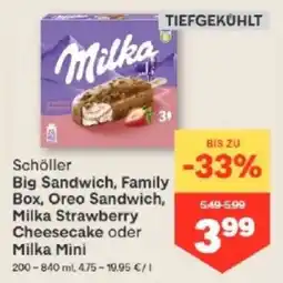 MPreis Schöller Big Sandwich, Family Box, Oreo Sandwich, Milka Strawberry Cheesecake oder Milka Mini Angebot