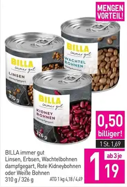 Sutterlüty BILLA immer gut Linsen, Erbsen, Wachtelbohnen dampfgegart, Rote Kidneybohnen oder Weiße Bohnen Angebot