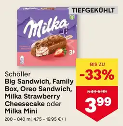 MPreis Schöller Big Sandwich, Family Box, Oreo Sandwich, Milka Strawberry Cheesecake oder Milka Mini Angebot