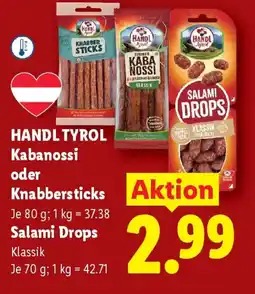 Lidl Handl tyrol kabanossi oder knabbersticks salami drops Angebot