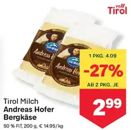 MPreis Tirol Milch Andreas Hofer Bergkäse Angebot