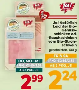 Billa Ja! natürlich leichter bio genuss schinken od. rauchschinken vom bio stroh schwein Angebot