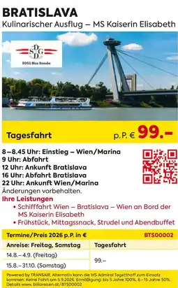 Billa Reisen Bratislava Kulinarischer Ausflug - MS Kaiserin Elisabeth Angebot